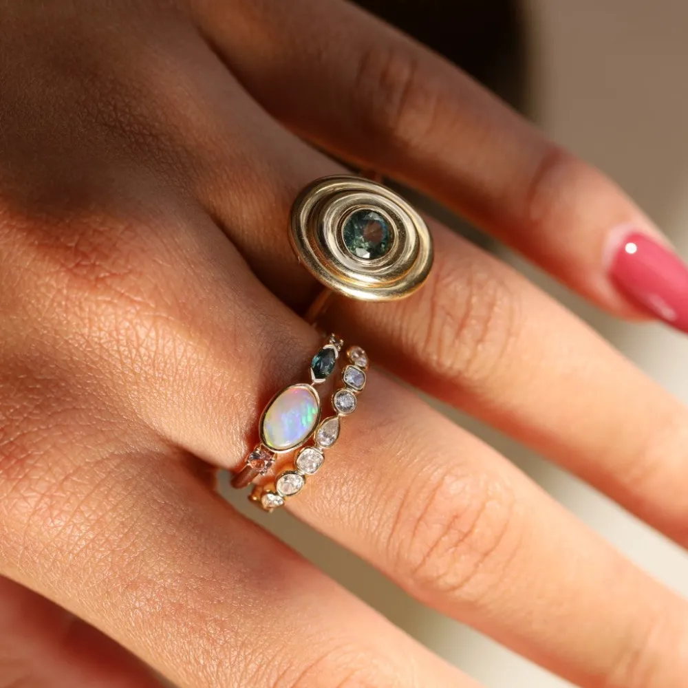 Marrow Fine Birthstone Collection | Ready To Ship^0.35ct Australian Opal and Sapphire Linear Band 14kyellowgold
