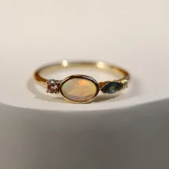 Marrow Fine Birthstone Collection | Ready To Ship^0.35ct Australian Opal and Sapphire Linear Band 14kyellowgold