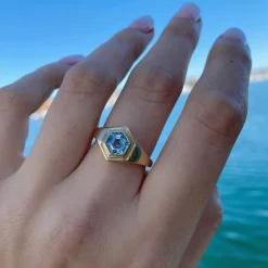 Marrow Fine Birthstone Collection | Ready To Ship^.90ct Hexagon Aquamarine Boyfriend Signet 14kyellowgold