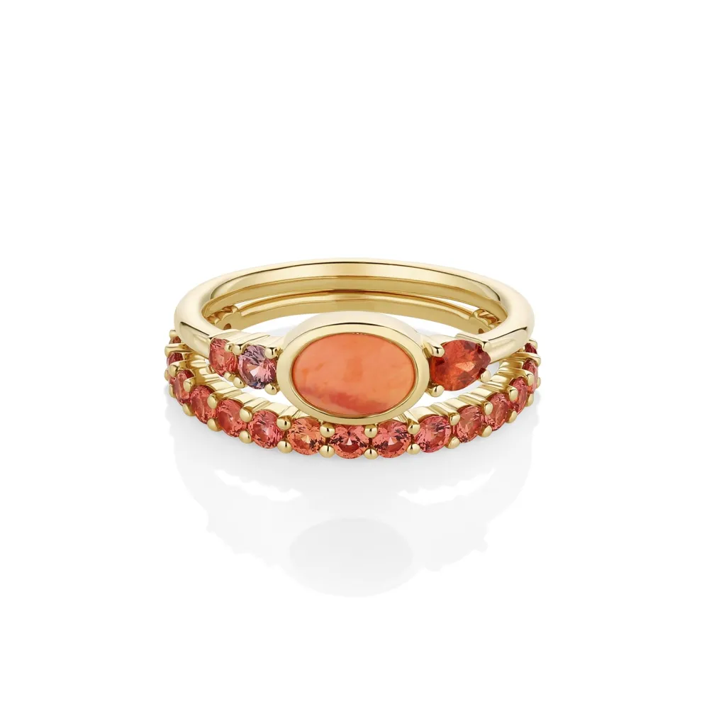 Marrow Fine Birthstone Collection | Ready To Ship^0.49ct Mexican Fire Opal and Sapphire Linear Ring with Sapphire Laurel 14kyellowgold