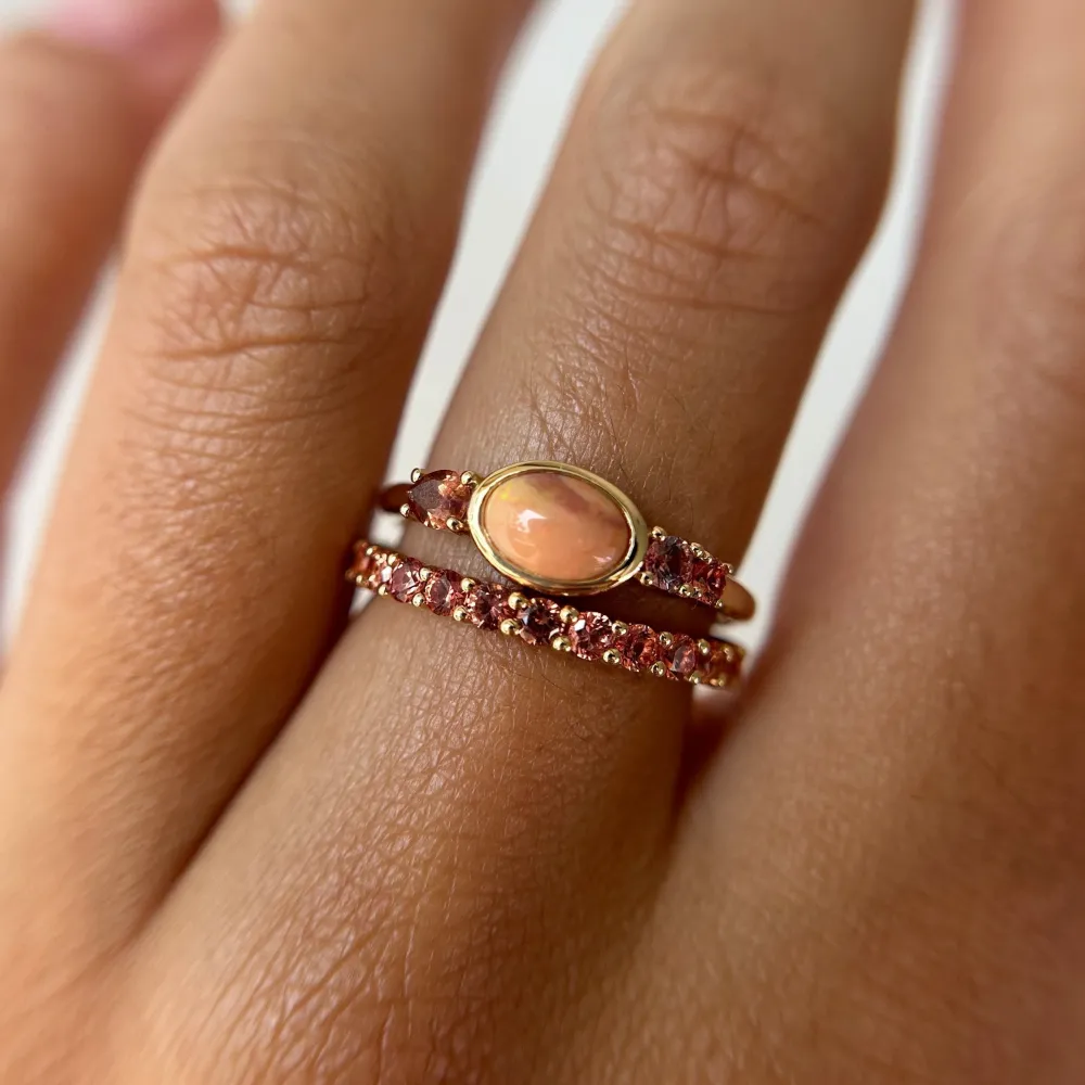 Marrow Fine Birthstone Collection | Ready To Ship^0.49ct Mexican Fire Opal and Sapphire Linear Ring with Sapphire Laurel 14kyellowgold