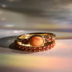 Marrow Fine Birthstone Collection | Ready To Ship^0.49ct Mexican Fire Opal and Sapphire Linear Ring with Sapphire Laurel 14kyellowgold