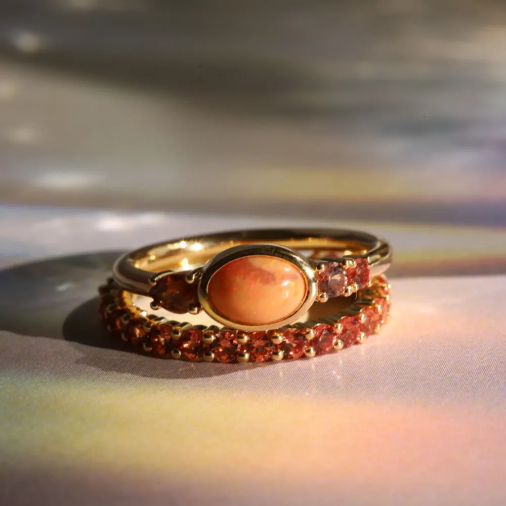 Marrow Fine Birthstone Collection | Ready To Ship^0.49ct Mexican Fire Opal and Sapphire Linear Ring with Sapphire Laurel 14kyellowgold