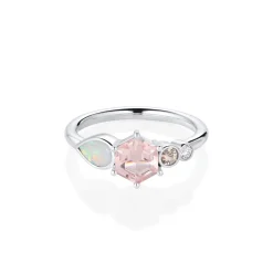 Marrow Fine Birthstone Collection | Ready To Ship^0.74ct Morganite Hexagon and Opal Linear Ring 14kwhitegold