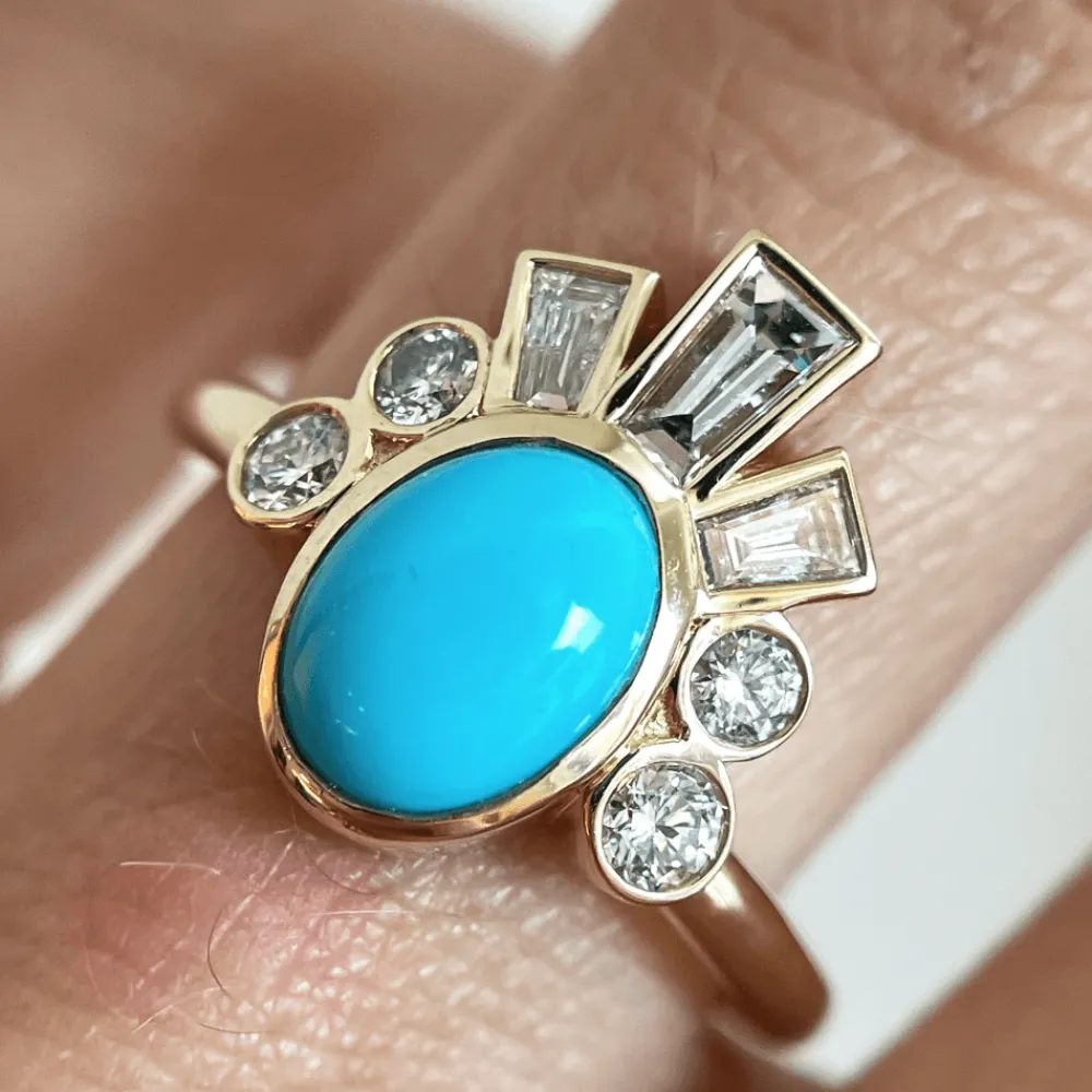Marrow Fine Ready To Ship | Ready To Ship^.98ct Turquoise & White Diamond Ballerina Headdress Ring 14kyellowgold