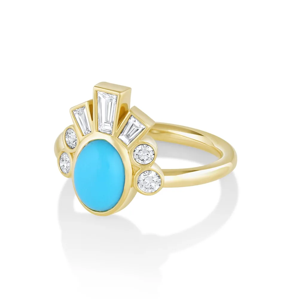 Marrow Fine Ready To Ship | Ready To Ship^.98ct Turquoise & White Diamond Ballerina Headdress Ring 14kyellowgold