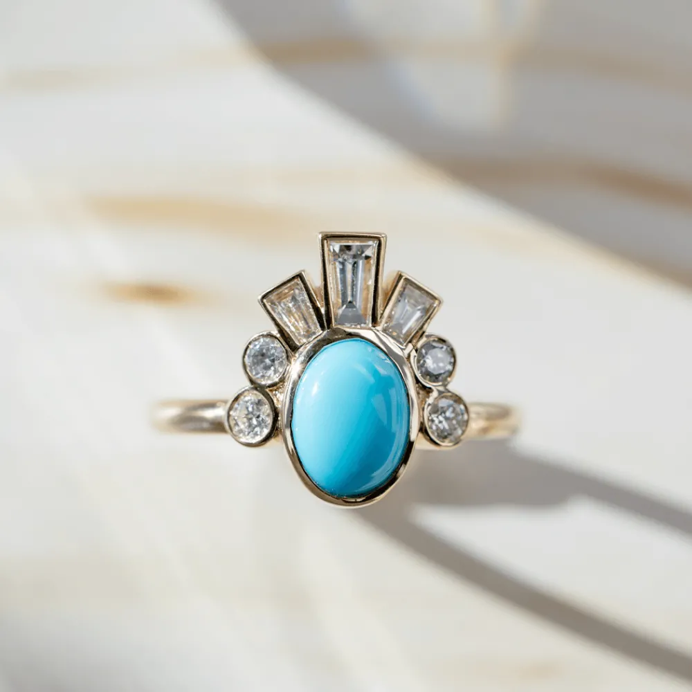 Marrow Fine Ready To Ship | Ready To Ship^.98ct Turquoise & White Diamond Ballerina Headdress Ring 14kyellowgold